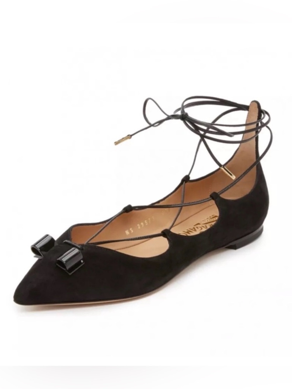 Salvatore Ferragamo CLAIRE Black Suede Ankle Wrap Bow Gladiator Flats 5.5
